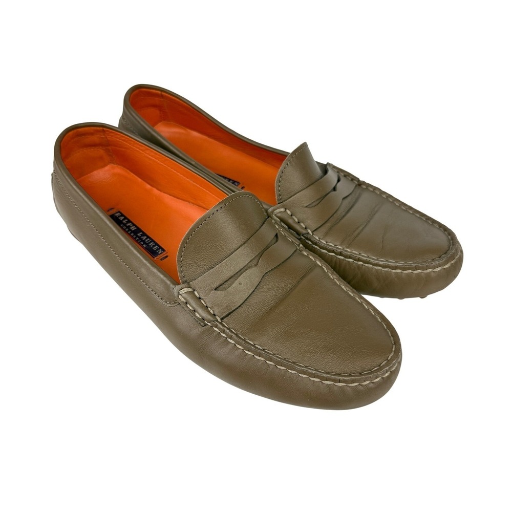 RALPH LAUREN Purple Label Taupe Leather Luxury Preppy Driving Loafers 39.5